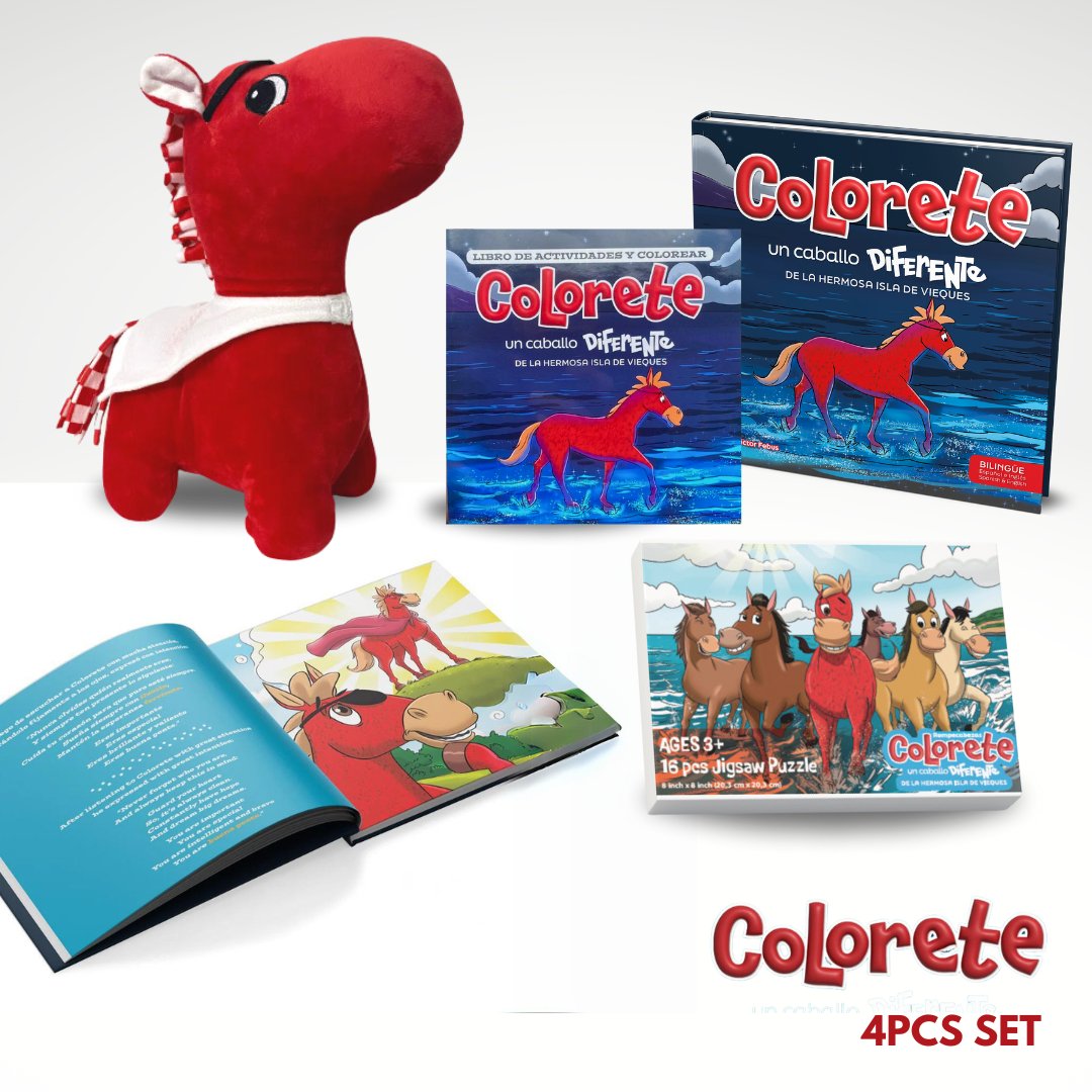 4 pcs Set Caballo Colorete | Libro + Libro Actividades + Peluche + Rompecabezas | Bilingüe - Audaz Editorial