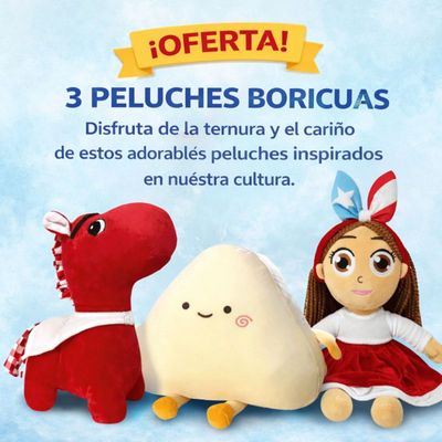 Oferta 3 Peluches Boricuas  | Caballo Colorete + Sr. Sandwichito de Mezcla + Jibarita