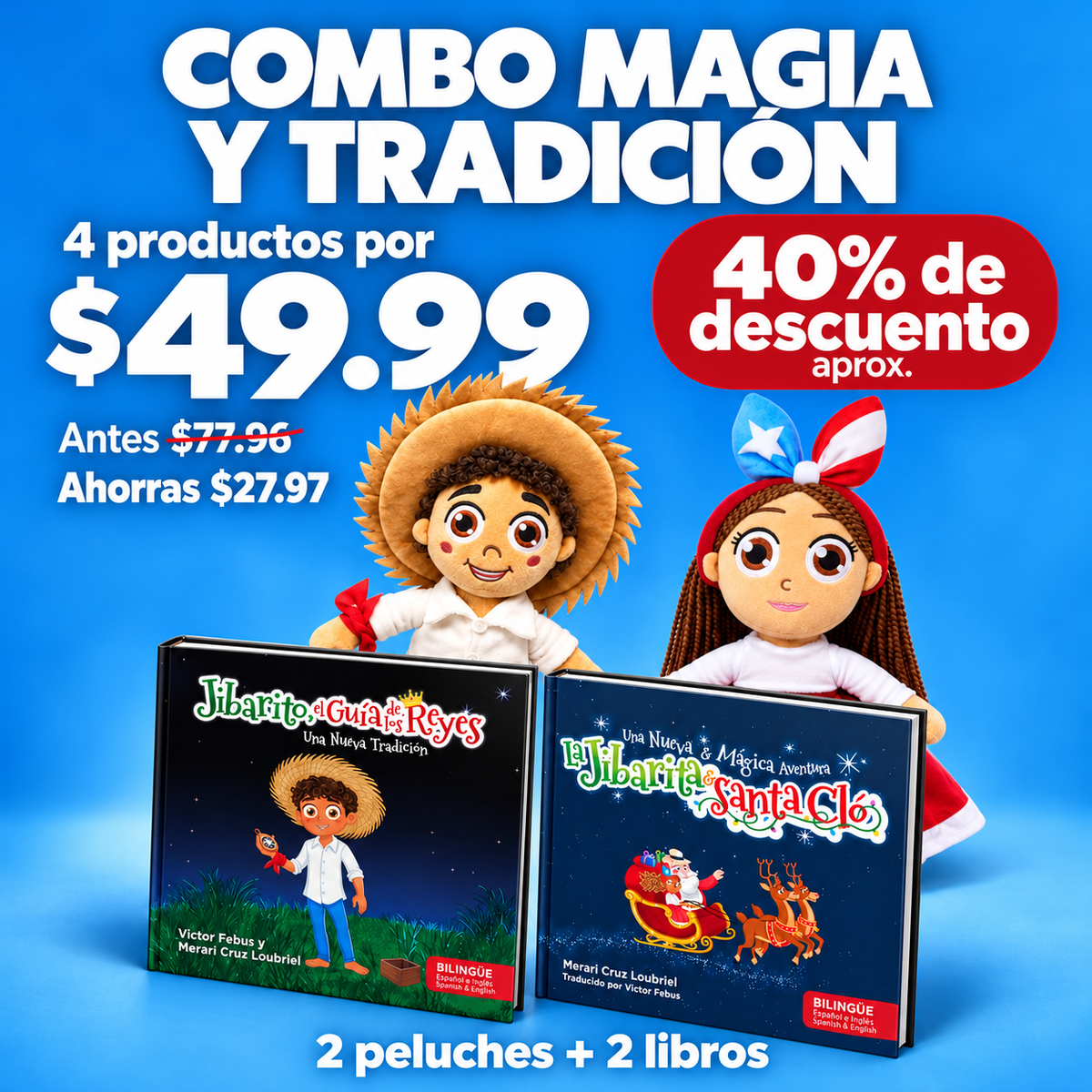 Combo Magia y Tradición | 2 Peluches + 2 Libros Bilingües